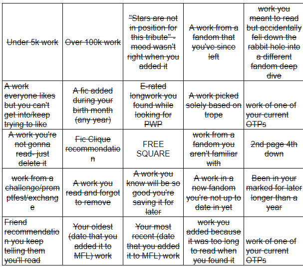 Completed marked for later bingo card
