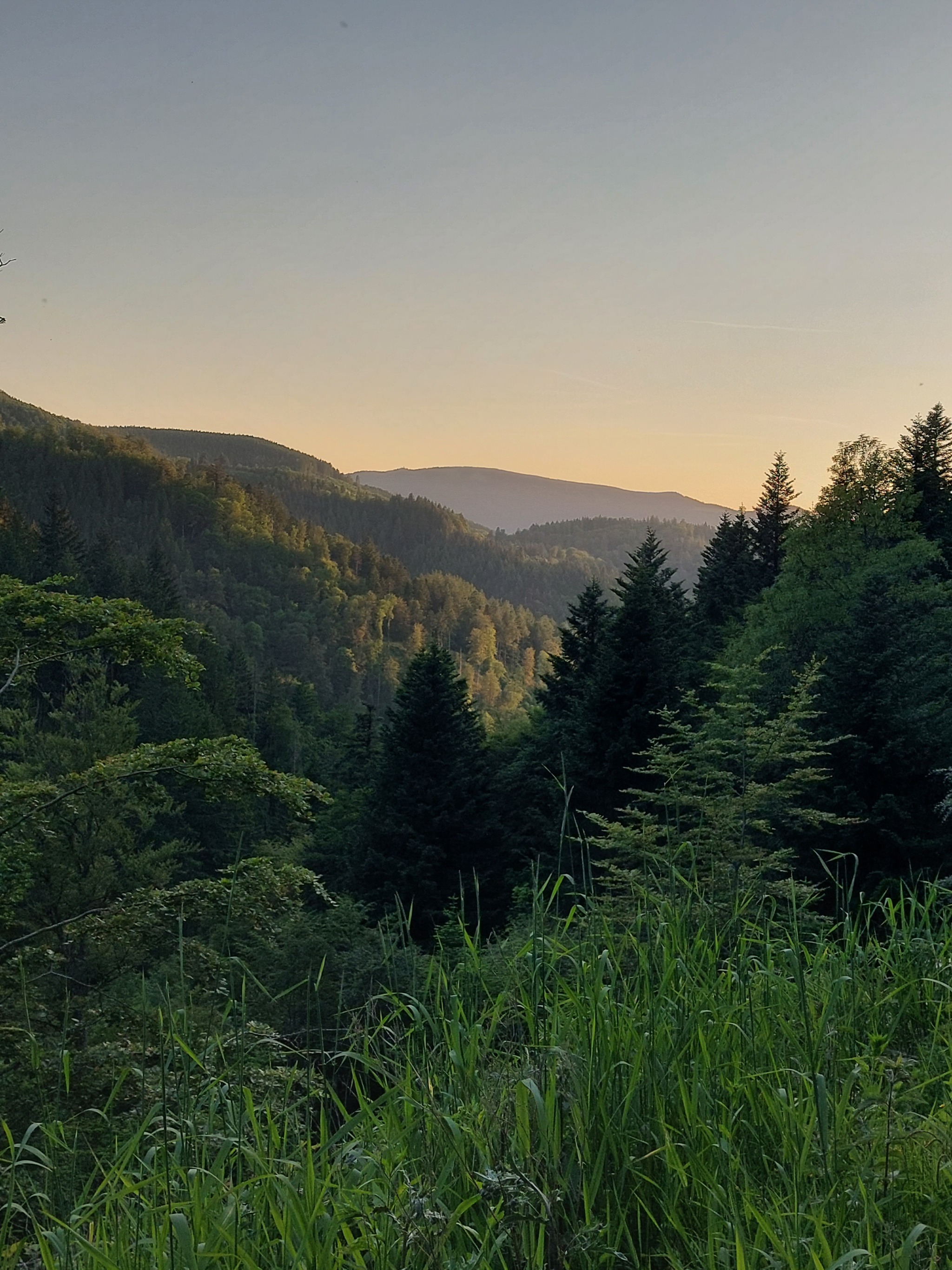 the same view over the landscape as in the first picture. this time, the faint orange glow of the sun setting (out of view) shines over the horizon. the colours are muted, less vibrant, and somehow gentler than in the first picture