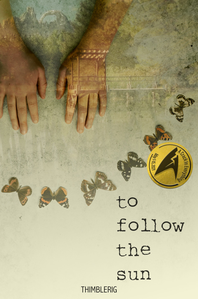 Two child’s hands rest against a green-sepia background, above an arc of butterflies. Merging into the green-sepia is two children on a lookout over a lake, with craggy rocks rising up behind them. Title reads, to follow the sun, Thimblerig. (Cover made by Regionalpancake)