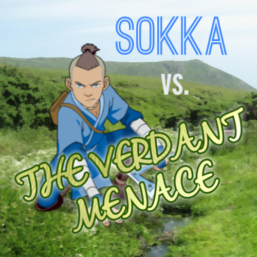 Teenage Sokka, of The Last Airbender, kneels in a wary combat crouch, boomerang in hand, on a lush green landscape. In dramatic letters, the title reads, Sokka vs. The Verdant Menace.