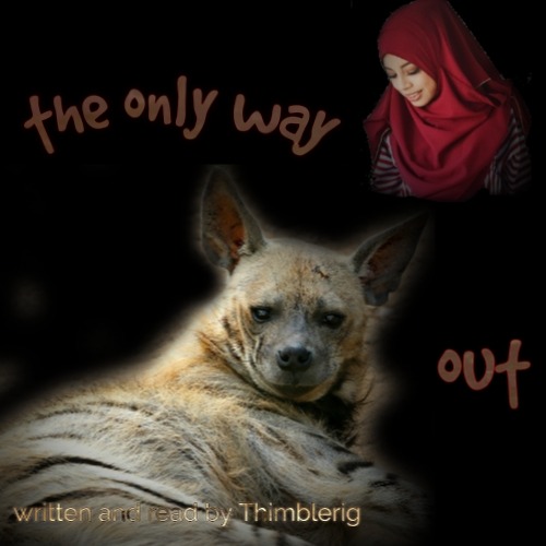 Hazy against a black background, a woman in a red hijab stares down at a hyena-like creature whose gaze dominates the centre of the image. Title reads, The Only Way Out, written and read by Thimblerig.