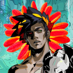 Zagreus from Hades with a red daisy behind him
