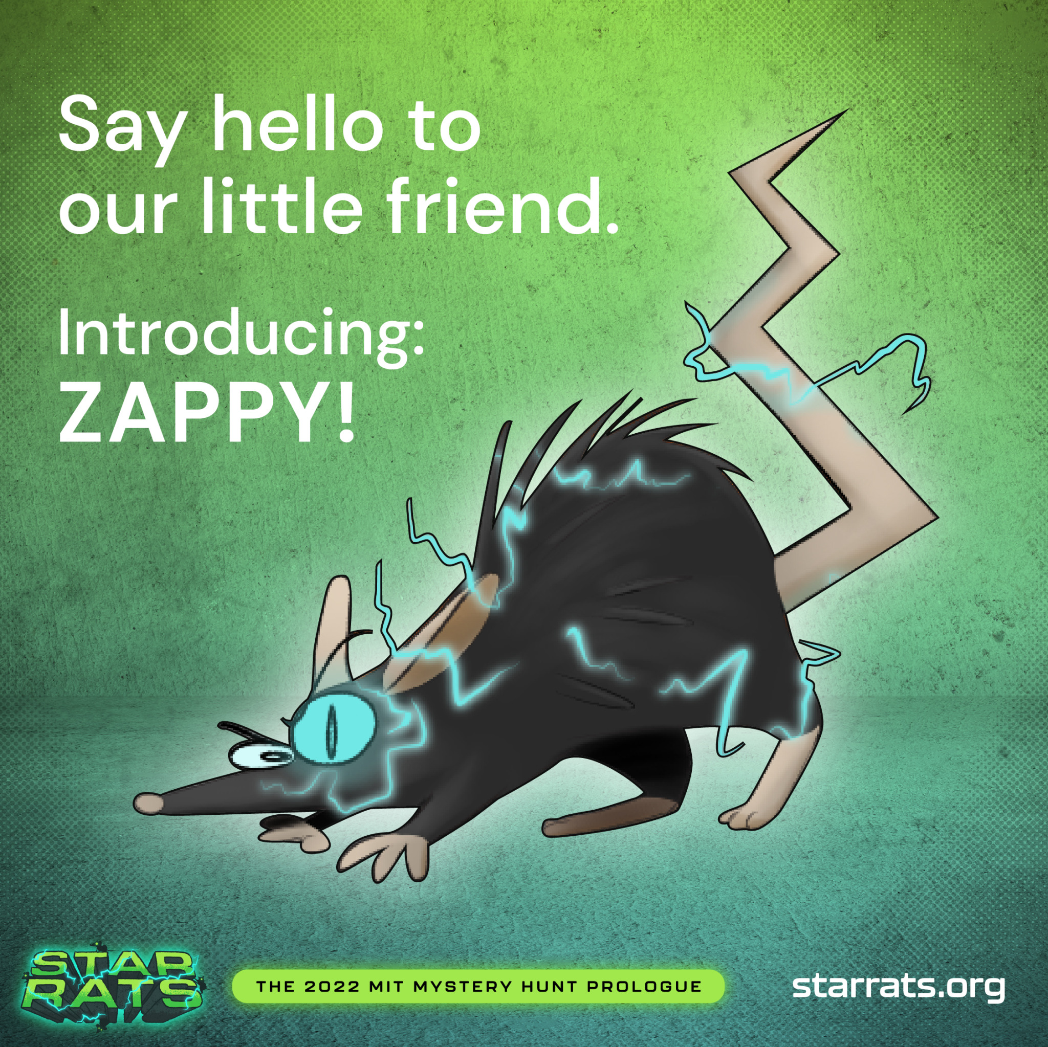Introducing Zappy, an illustrated gray rat with lightning bolts coming out of his lopsided, cockeyed face.