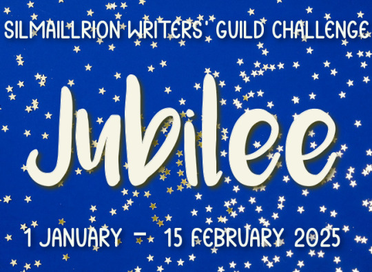 SWG January 2025 Jubilee Challenge Banner - the word "Jubilee in large handwritten font over a blue background spangled with silver stars