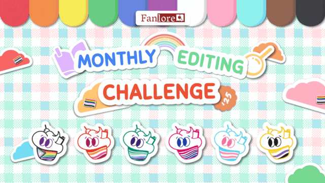 A tablecloth filled with clouds bearing pride flags and six different cupcakes dressed in pride colors. Text reads “Monthly Editing Challenge '25”