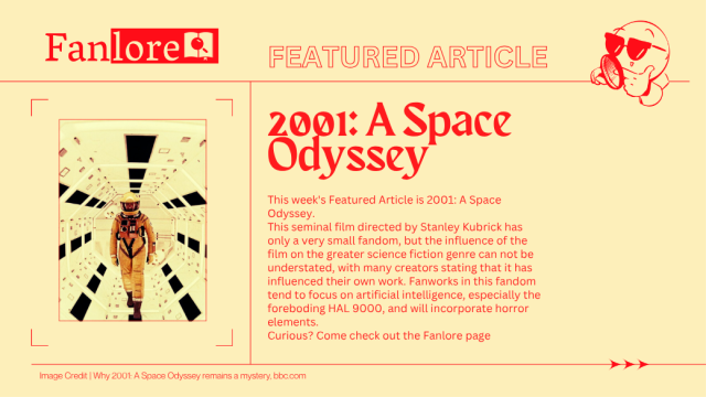 In the top right corner is a cartoon man with a magnifying glass looking down. On the left side is an image of a man in a spacesuit walking through a spaceship corridor. Text reads 'Feature Article, 2001 A Space Odyssey'. On the right side is the reminder of the text is from the featured article post. 